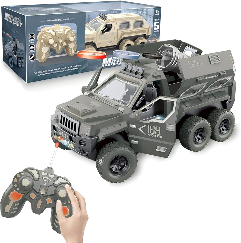 Military Flying Saucer Remote Control | 6-Wheel Off-Road RC Vehicle with Door Opening, Flying Disc Launcher & LED Lights