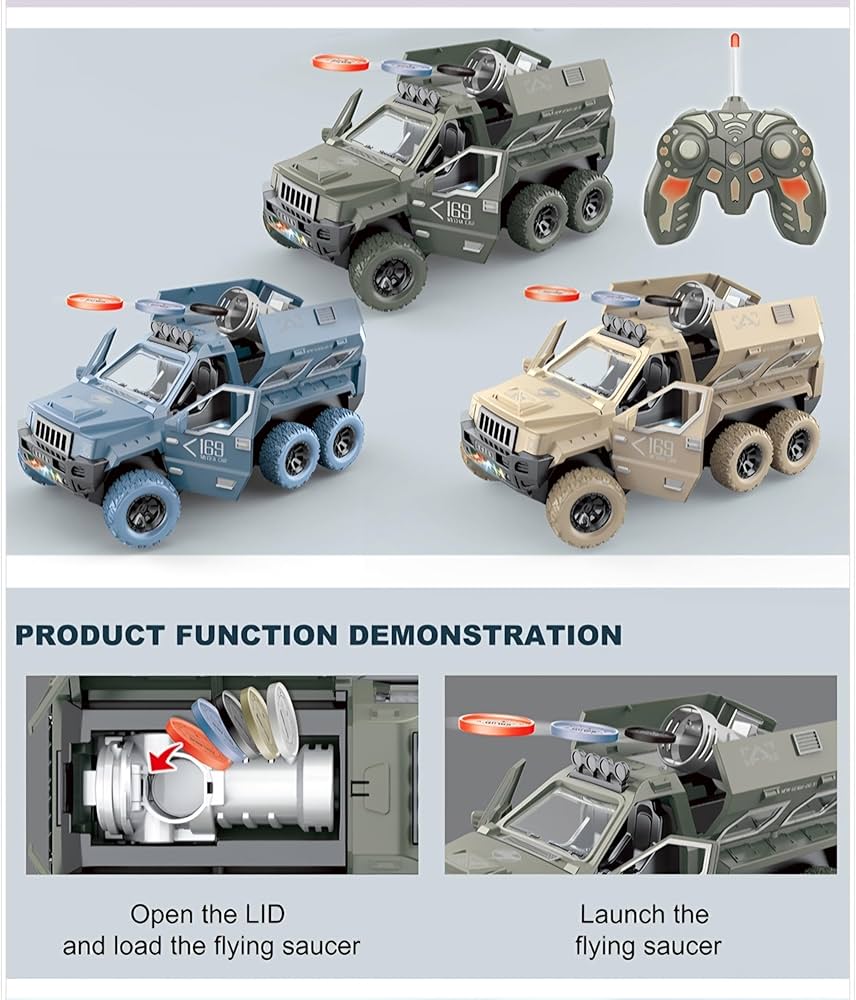 Military Flying Saucer Remote Control | 6-Wheel Off-Road RC Vehicle with Door Opening, Flying Disc Launcher & LED Lights