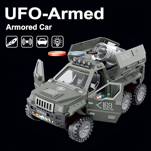 Military Flying Saucer Remote Control | 6-Wheel Off-Road RC Vehicle with Door Opening, Flying Disc Launcher & LED Lights