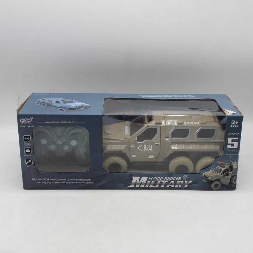 Military Flying Saucer Remote Control | 6-Wheel Off-Road RC Vehicle with Door Opening, Flying Disc Launcher & LED Lights